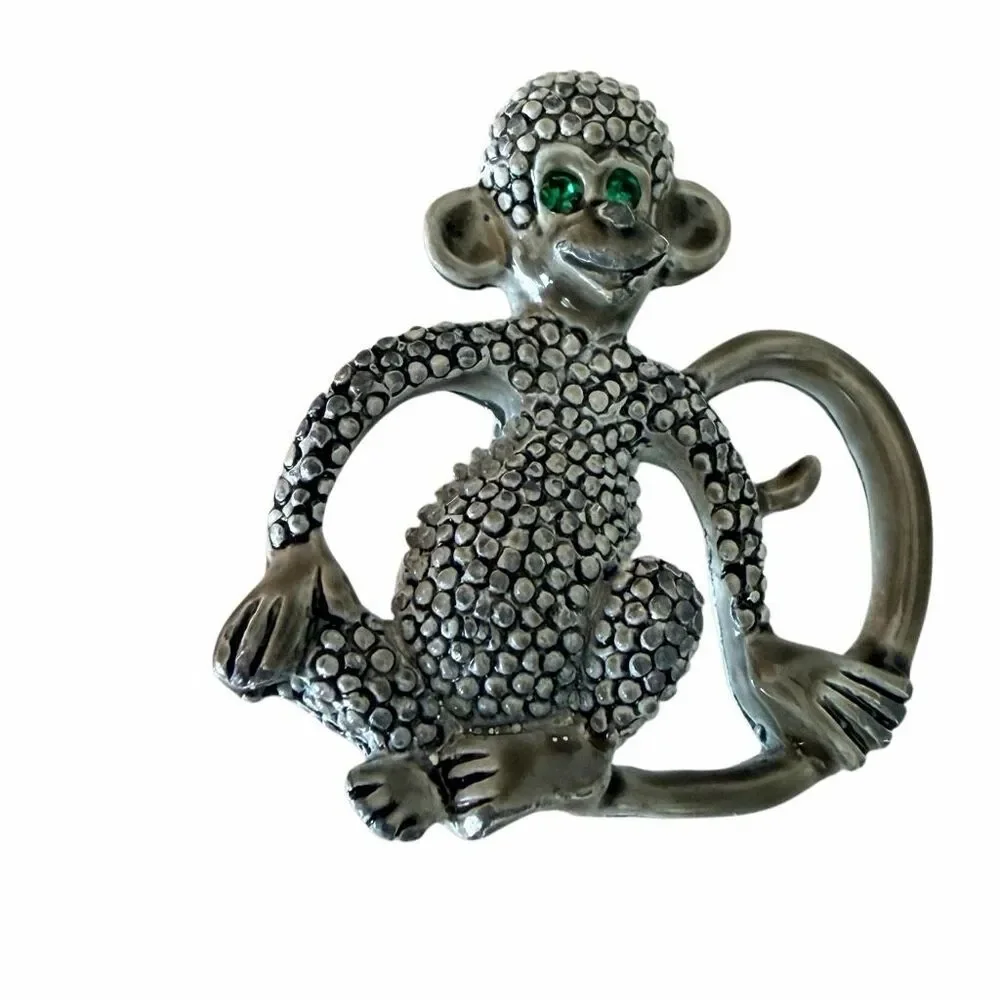 Vintage Gerry's Monkey Brooch Green Rhinestone Eyes Silver Tone Animal Pin
